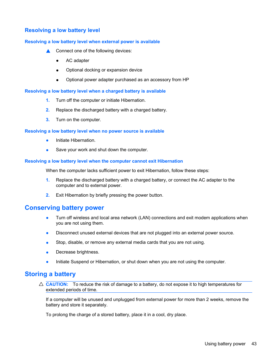 Resolving a low battery level, Conserving battery power, Storing a battery | Conserving battery power storing a battery | HP ProBook 4330S Notebook-PC User Manual | Page 53 / 100