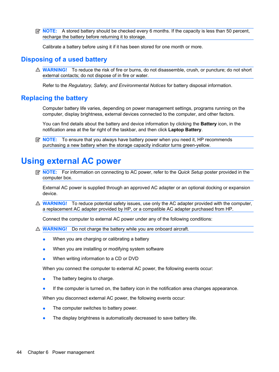 Disposing of a used battery, Replacing the battery, Using external ac power | Disposing of a used battery replacing the battery | HP ProBook 4330S Notebook-PC User Manual | Page 54 / 100