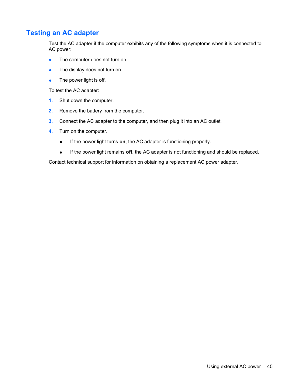 Testing an ac adapter | HP ProBook 4330S Notebook-PC User Manual | Page 55 / 100