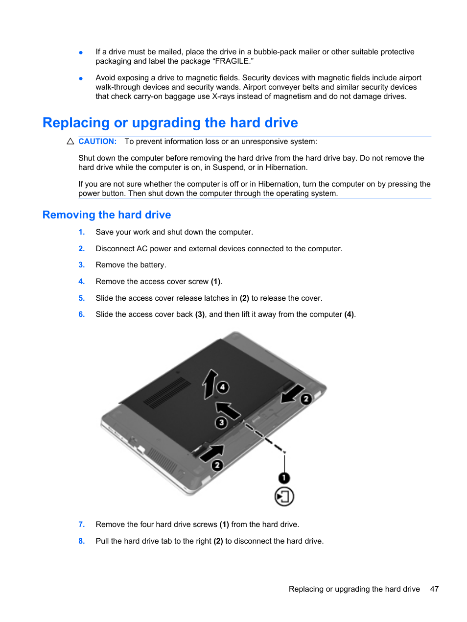 Replacing or upgrading the hard drive, Removing the hard drive | HP ProBook 4330S Notebook-PC User Manual | Page 57 / 100