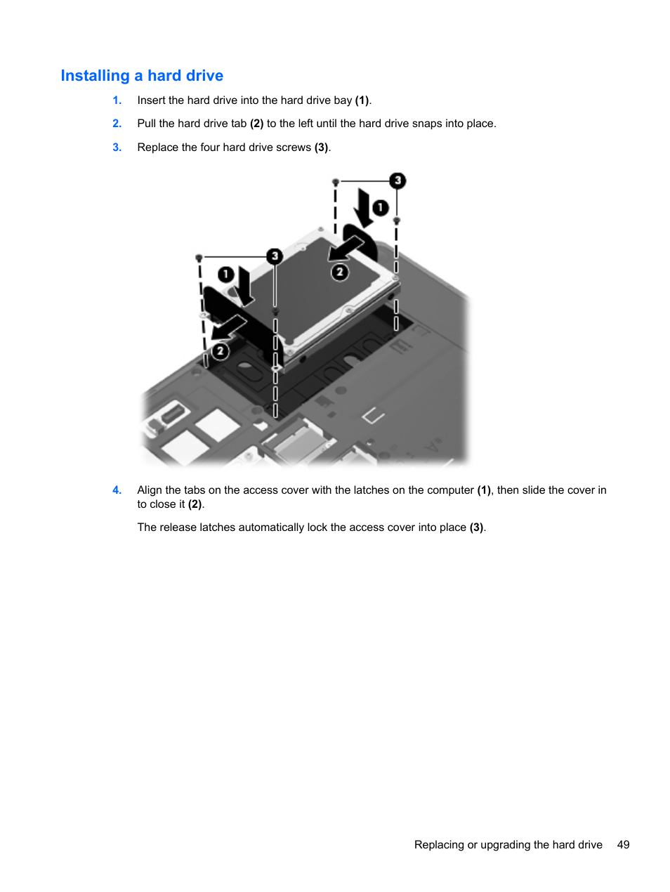 Installing a hard drive | HP ProBook 4330S Notebook-PC User Manual | Page 59 / 100