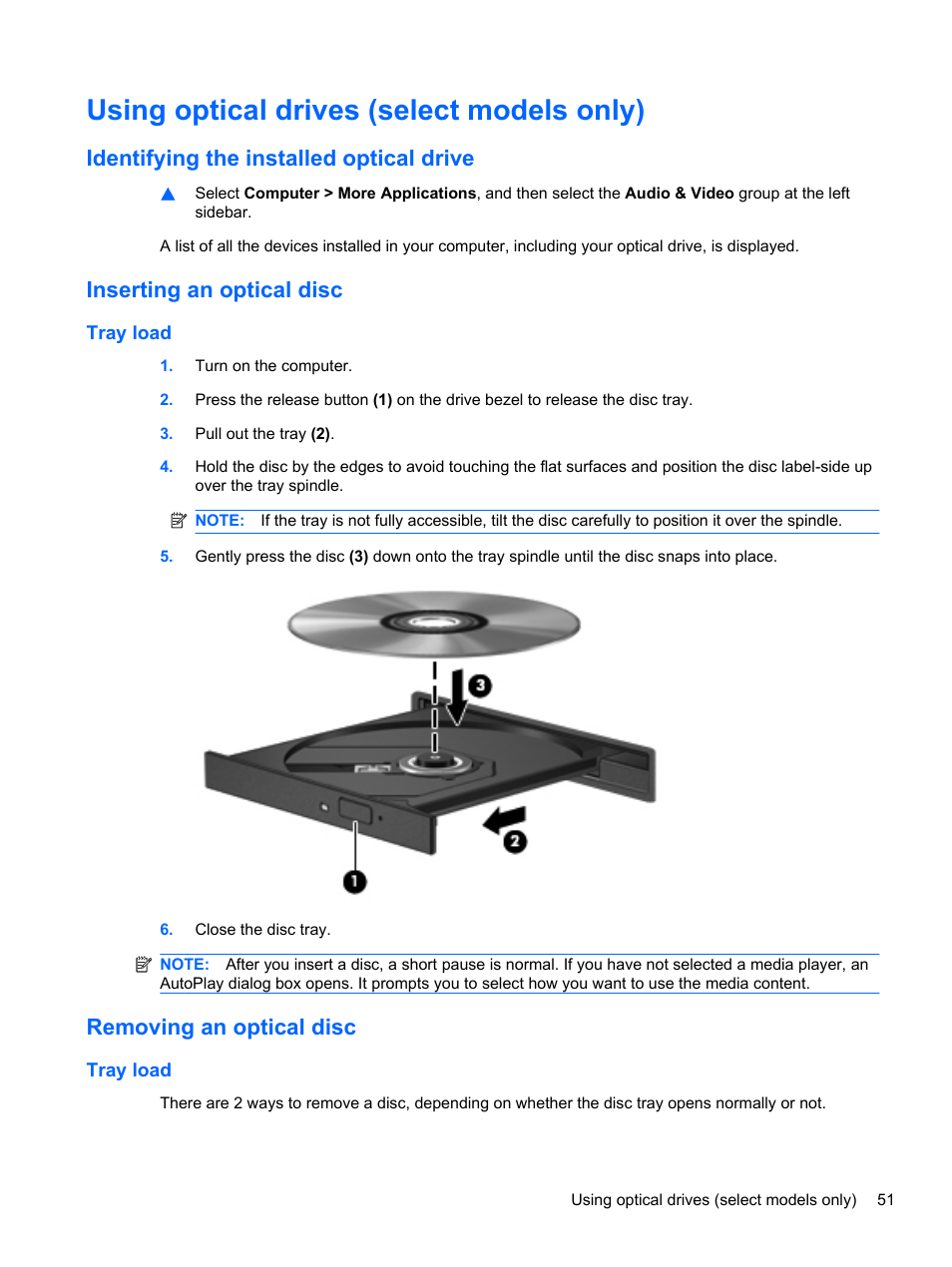 Using optical drives (select models only), Identifying the installed optical drive, Inserting an optical disc | Tray load, Removing an optical disc | HP ProBook 4330S Notebook-PC User Manual | Page 61 / 100