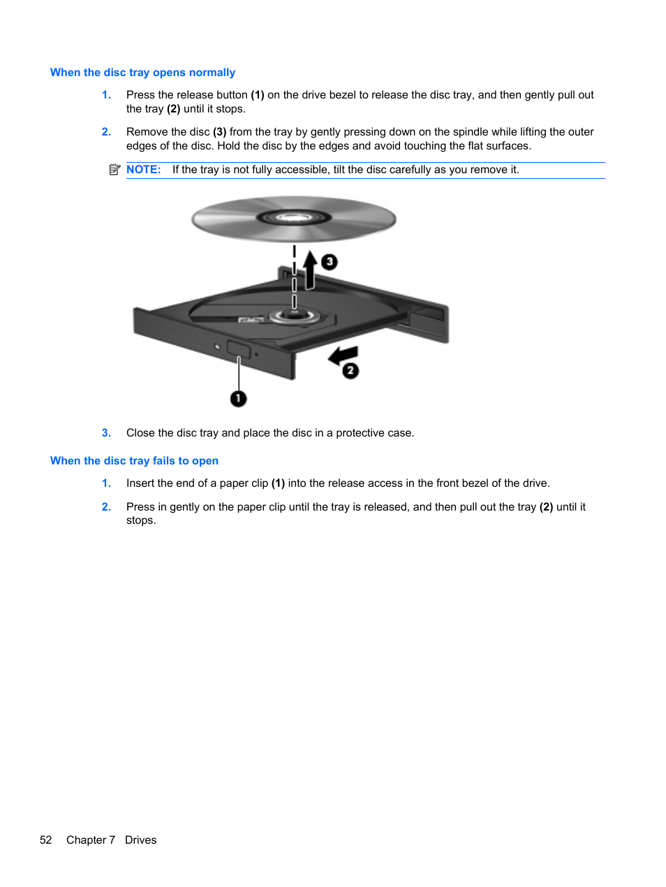 When the disc tray opens normally, When the disc tray fails to open | HP ProBook 4330S Notebook-PC User Manual | Page 62 / 100