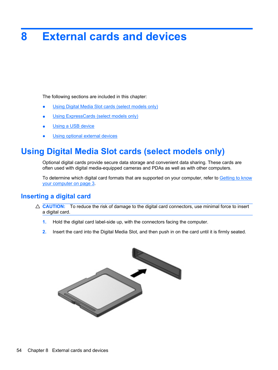 External cards and devices, Inserting a digital card, 8 external cards and devices | 8external cards and devices | HP ProBook 4330S Notebook-PC User Manual | Page 64 / 100