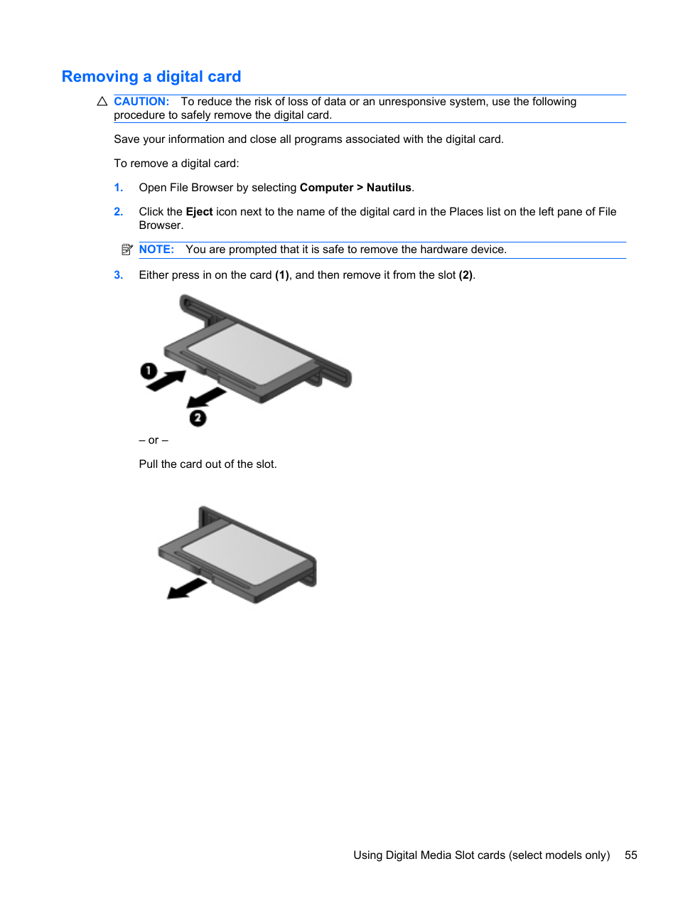 Removing a digital card | HP ProBook 4330S Notebook-PC User Manual | Page 65 / 100