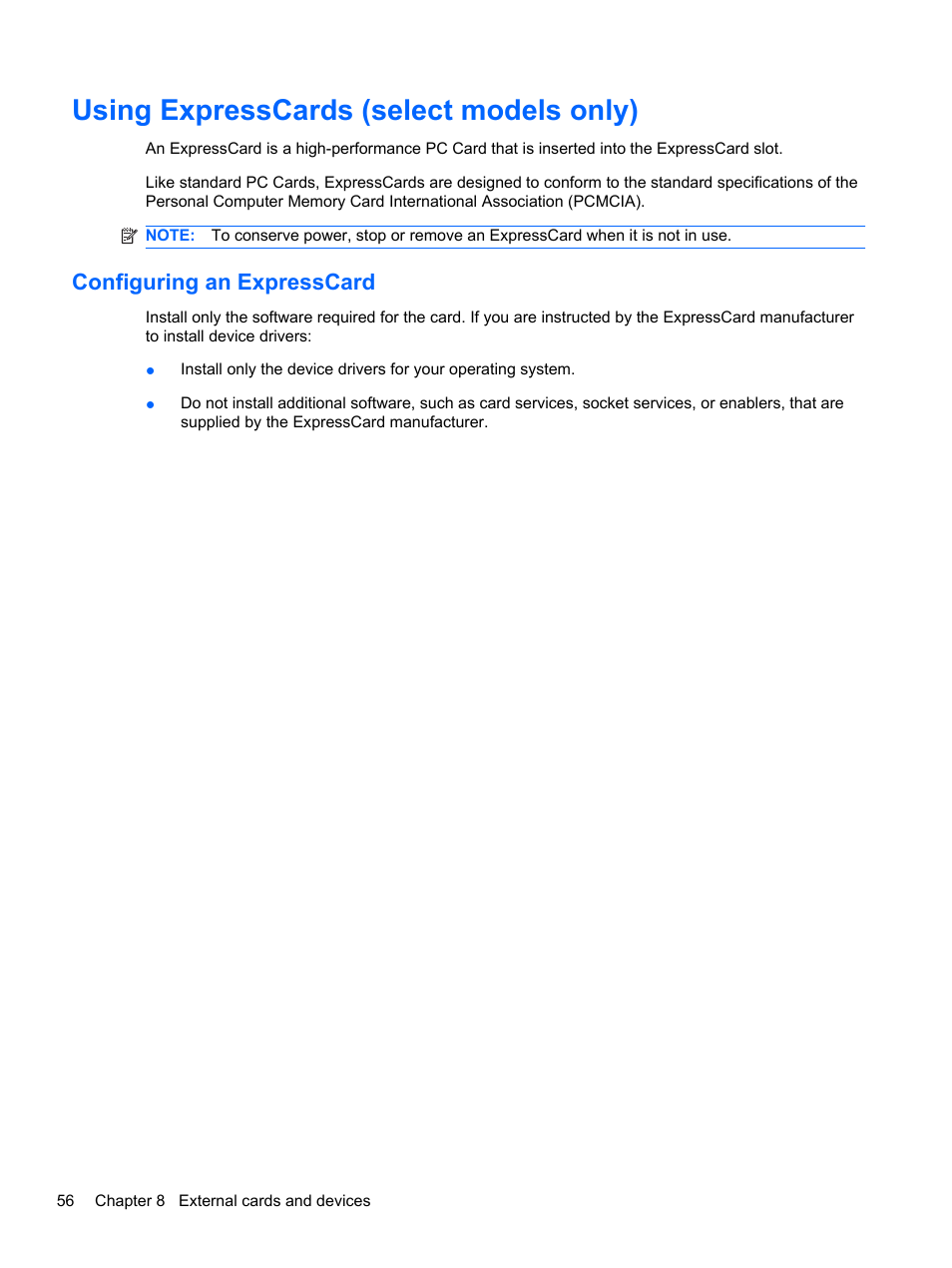 Using expresscards (select models only), Configuring an expresscard | HP ProBook 4330S Notebook-PC User Manual | Page 66 / 100