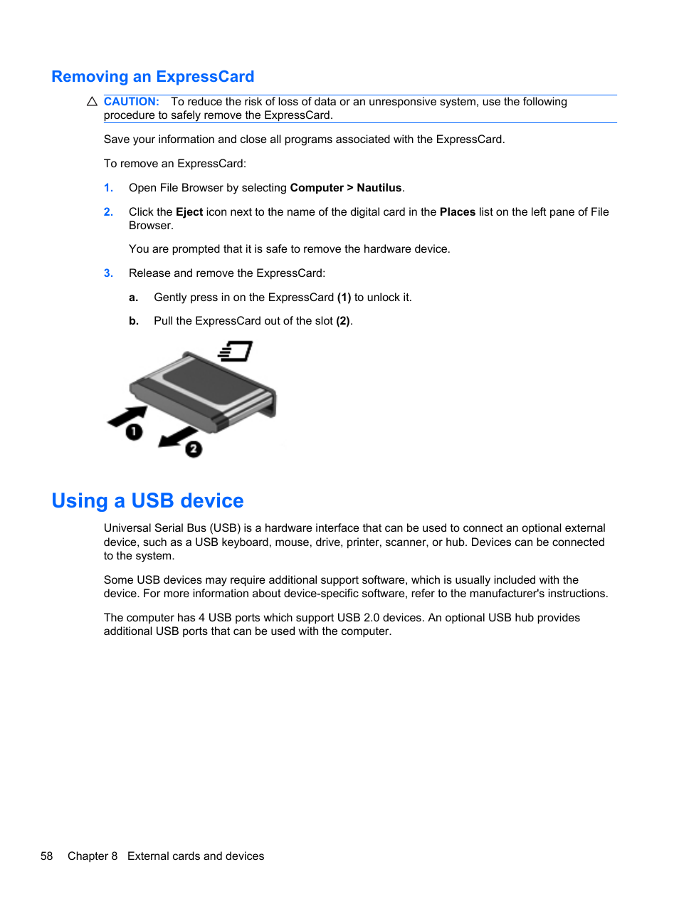 Removing an expresscard, Using a usb device | HP ProBook 4330S Notebook-PC User Manual | Page 68 / 100