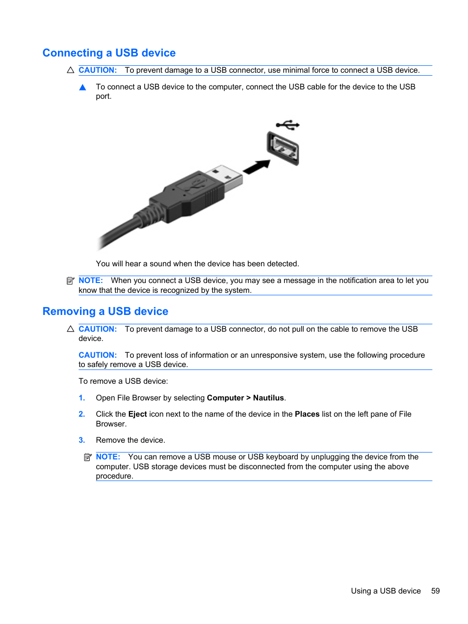 Connecting a usb device, Removing a usb device, Connecting a usb device removing a usb device | HP ProBook 4330S Notebook-PC User Manual | Page 69 / 100