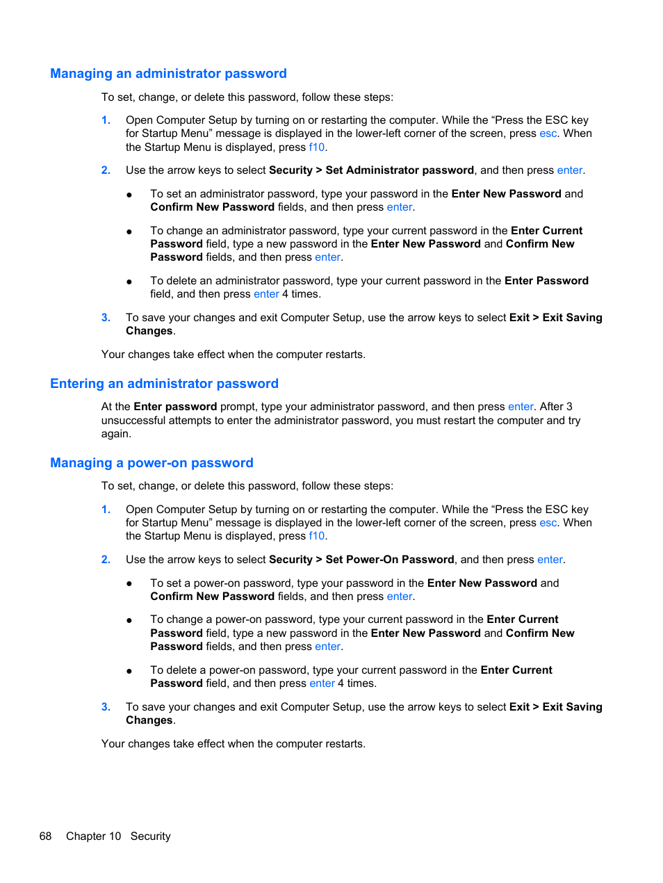 Managing an administrator password, Entering an administrator password, Managing a power-on password | HP ProBook 4330S Notebook-PC User Manual | Page 78 / 100