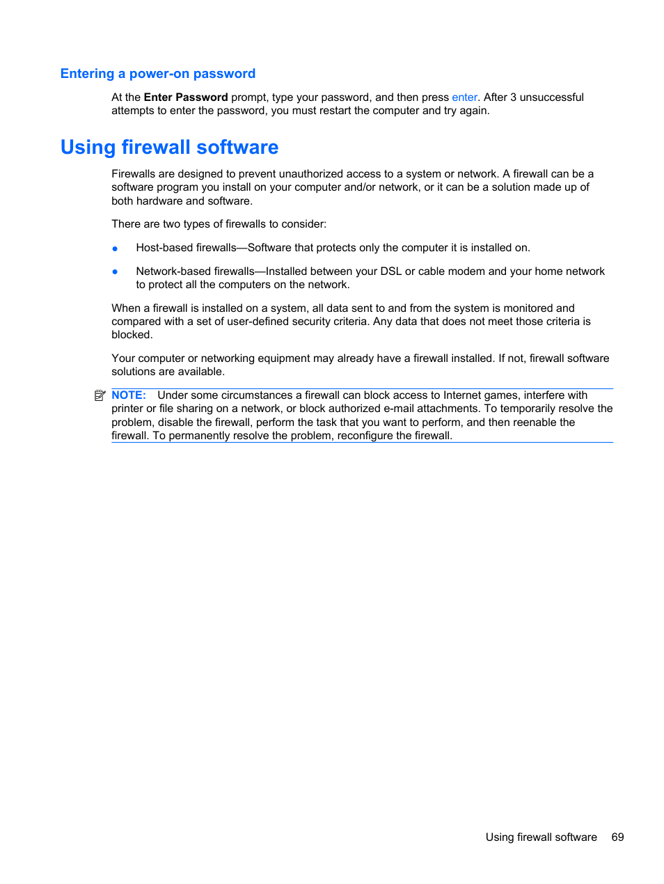 Entering a power-on password, Using firewall software | HP ProBook 4330S Notebook-PC User Manual | Page 79 / 100