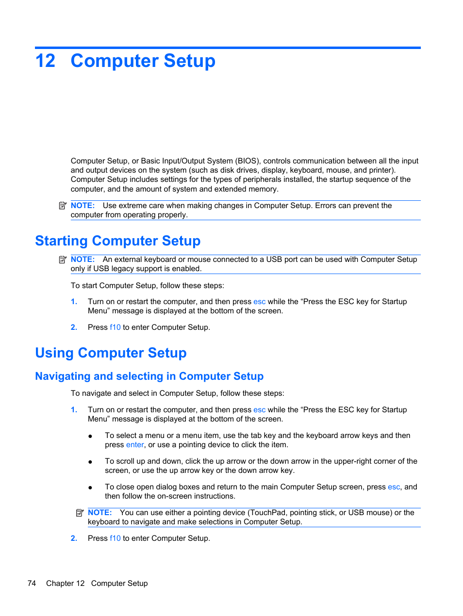 Computer setup, Starting computer setup, Using computer setup | Navigating and selecting in computer setup, 12 computer setup, Starting computer setup using computer setup | HP ProBook 4330S Notebook-PC User Manual | Page 84 / 100