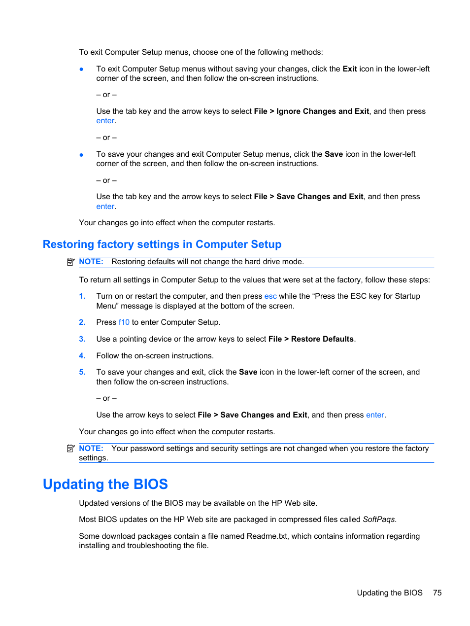 Restoring factory settings in computer setup, Updating the bios | HP ProBook 4330S Notebook-PC User Manual | Page 85 / 100