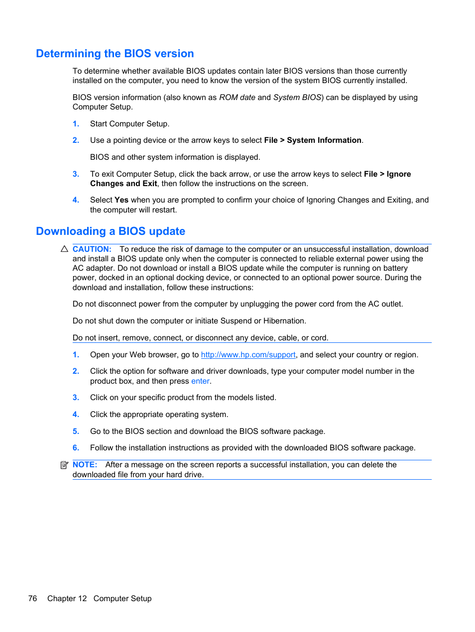 Determining the bios version, Downloading a bios update | HP ProBook 4330S Notebook-PC User Manual | Page 86 / 100