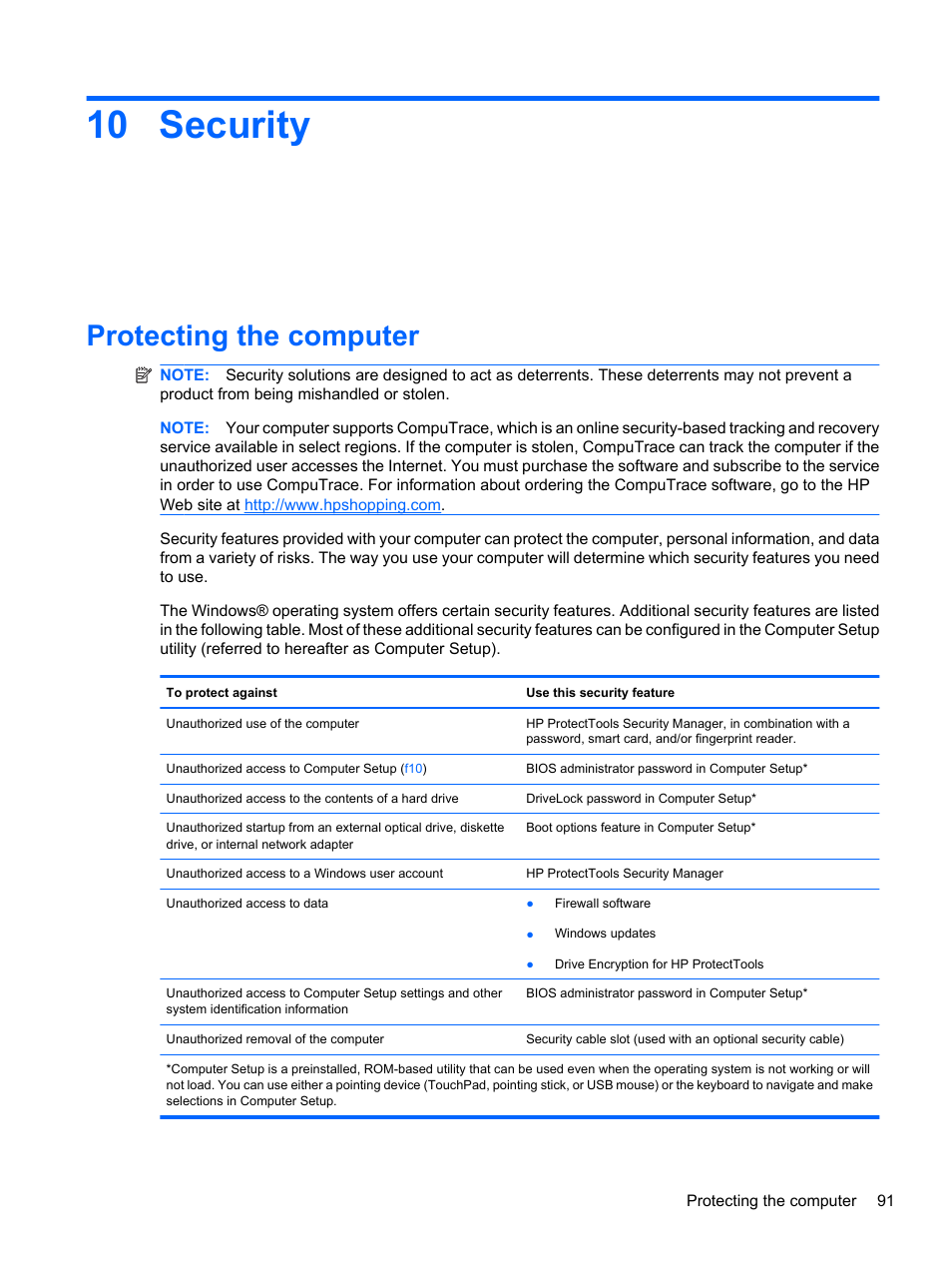 Security, Protecting the computer, 10 security | HP ProBook 5220m Notebook PC User Manual | Page 103 / 145