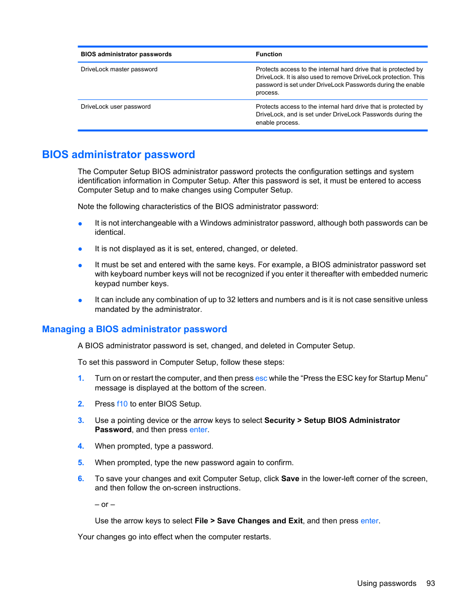 Bios administrator password, Managing a bios administrator password | HP ProBook 5220m Notebook PC User Manual | Page 105 / 145