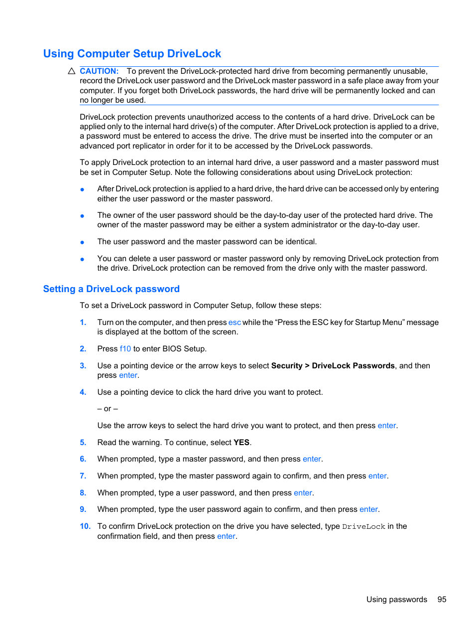 Using computer setup drivelock, Setting a drivelock password | HP ProBook 5220m Notebook PC User Manual | Page 107 / 145