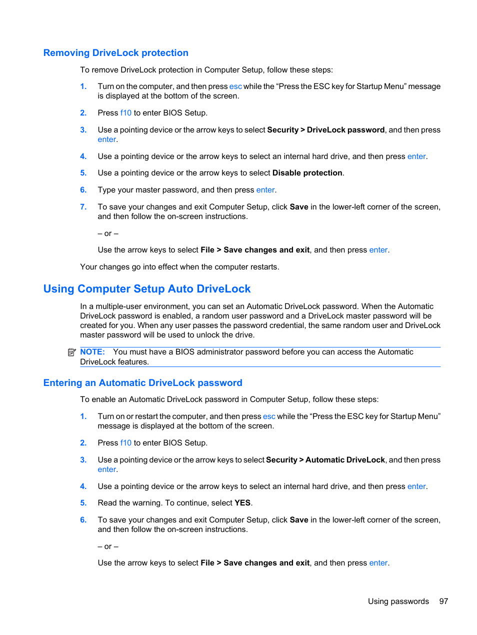 Removing drivelock protection, Using computer setup auto drivelock, Entering an automatic drivelock password | HP ProBook 5220m Notebook PC User Manual | Page 109 / 145