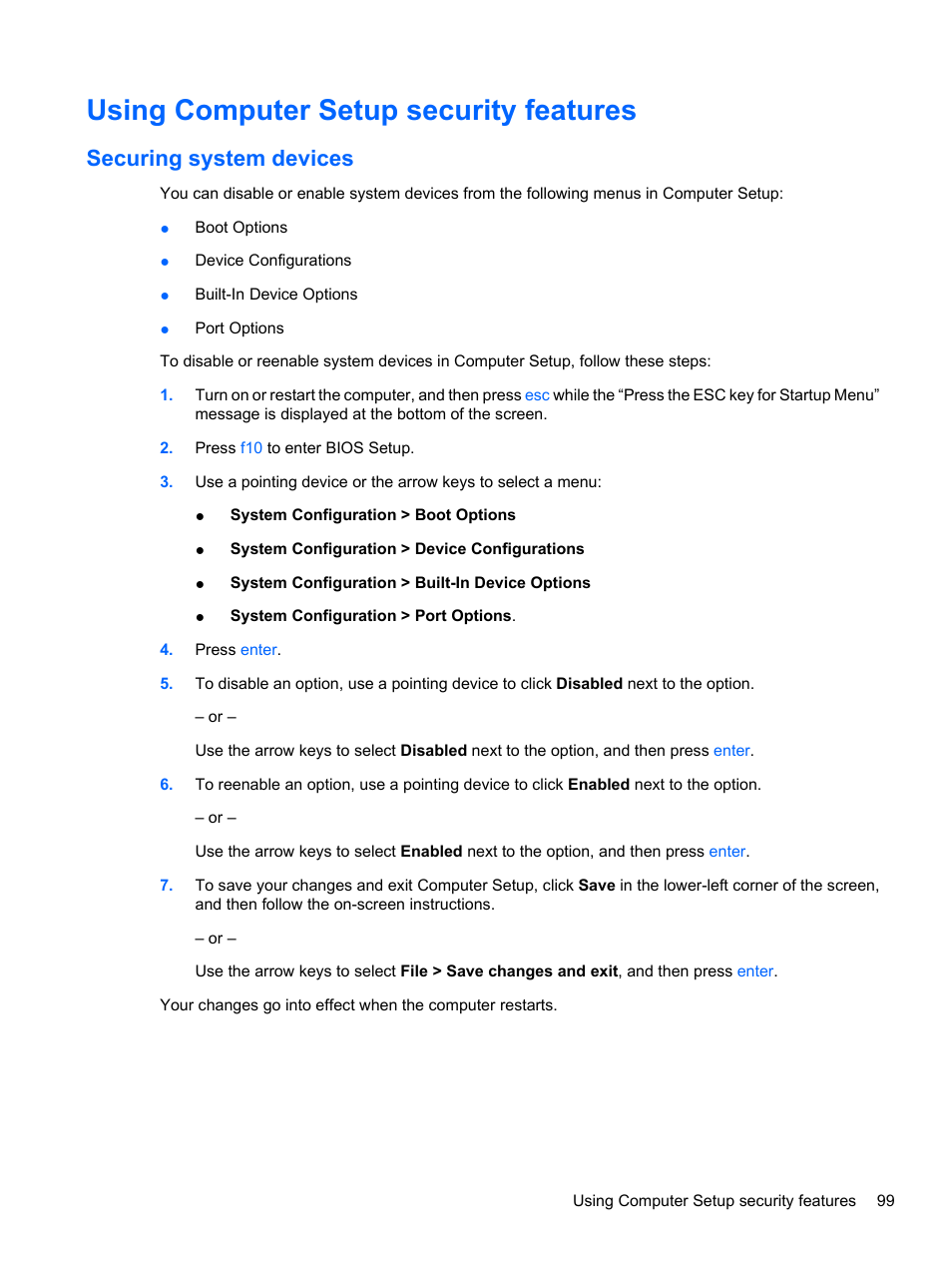 Using computer setup security features, Securing system devices | HP ProBook 5220m Notebook PC User Manual | Page 111 / 145