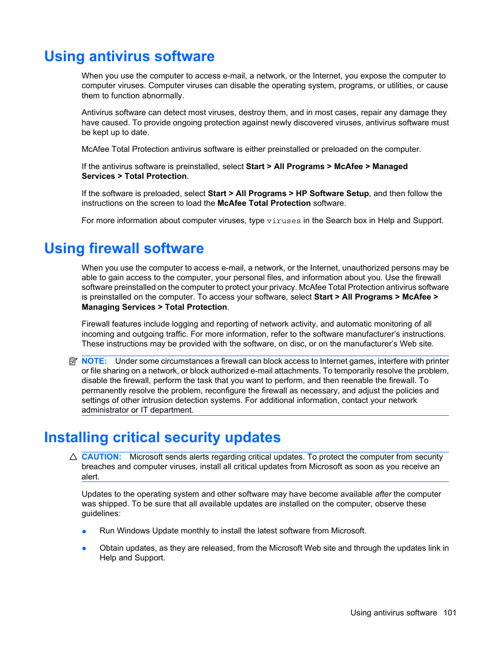 Using antivirus software, Using firewall software, Installing critical security updates | HP ProBook 5220m Notebook PC User Manual | Page 113 / 145