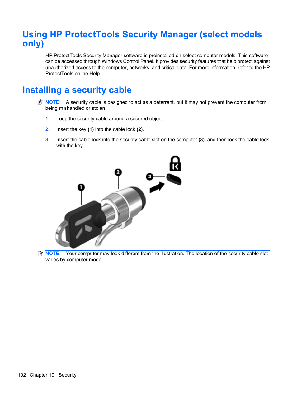 Installing a security cable | HP ProBook 5220m Notebook PC User Manual | Page 114 / 145