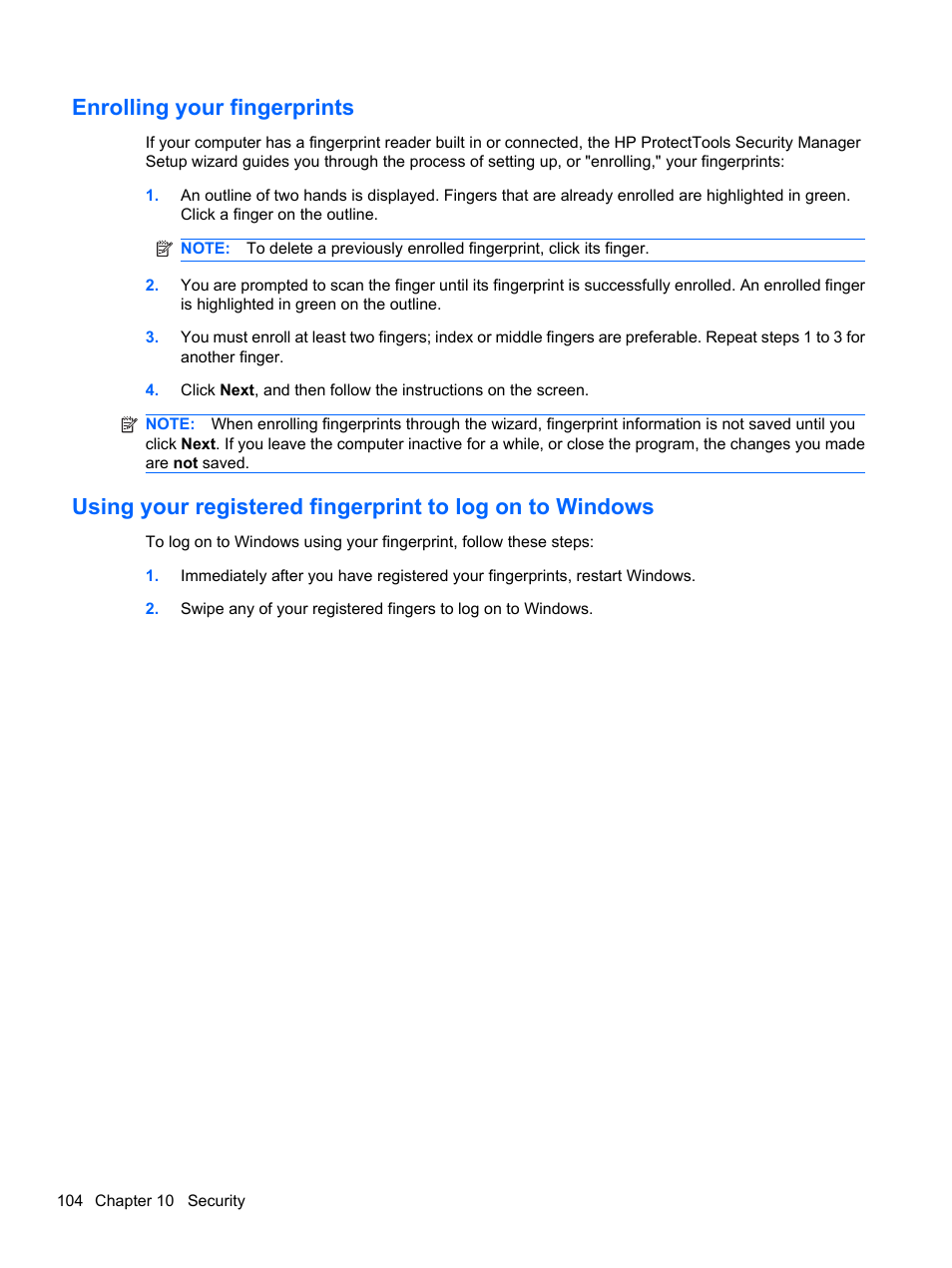 Enrolling your fingerprints | HP ProBook 5220m Notebook PC User Manual | Page 116 / 145