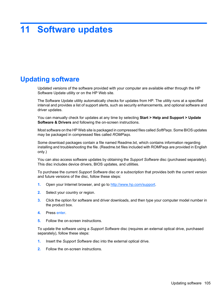 Software updates, Updating software, 11 software updates | HP ProBook 5220m Notebook PC User Manual | Page 117 / 145