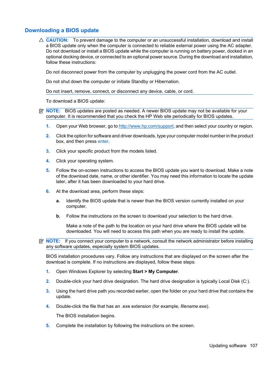 Downloading a bios update | HP ProBook 5220m Notebook PC User Manual | Page 119 / 145