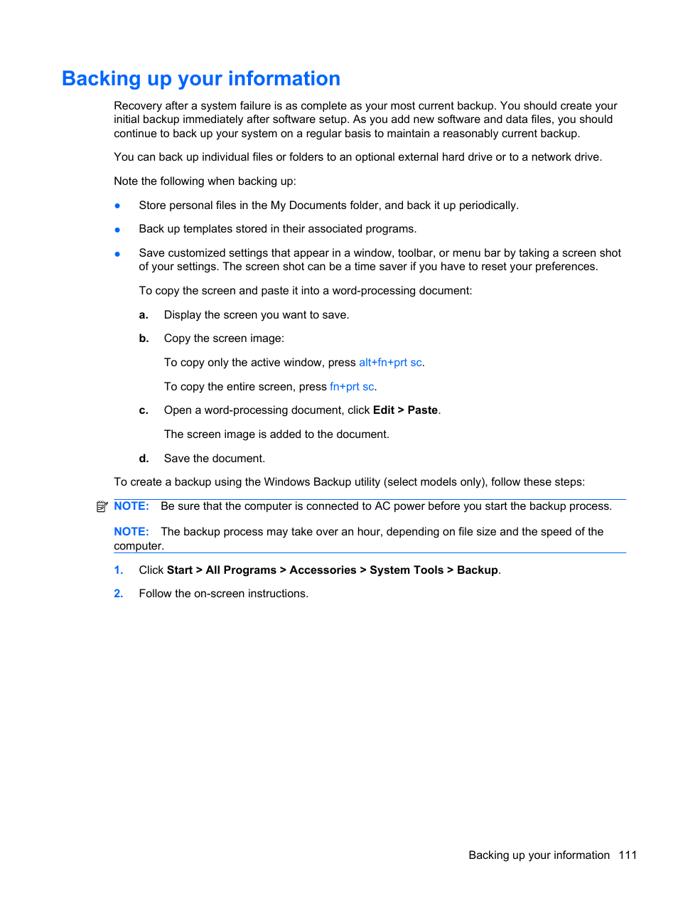 Backing up your information | HP ProBook 5220m Notebook PC User Manual | Page 123 / 145