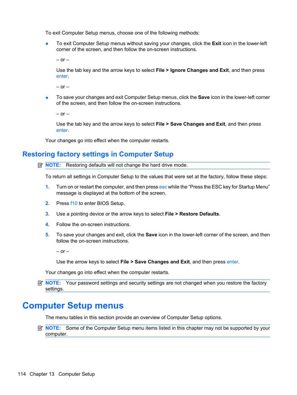 Restoring factory settings in computer setup, Computer setup menus | HP ProBook 5220m Notebook PC User Manual | Page 126 / 145
