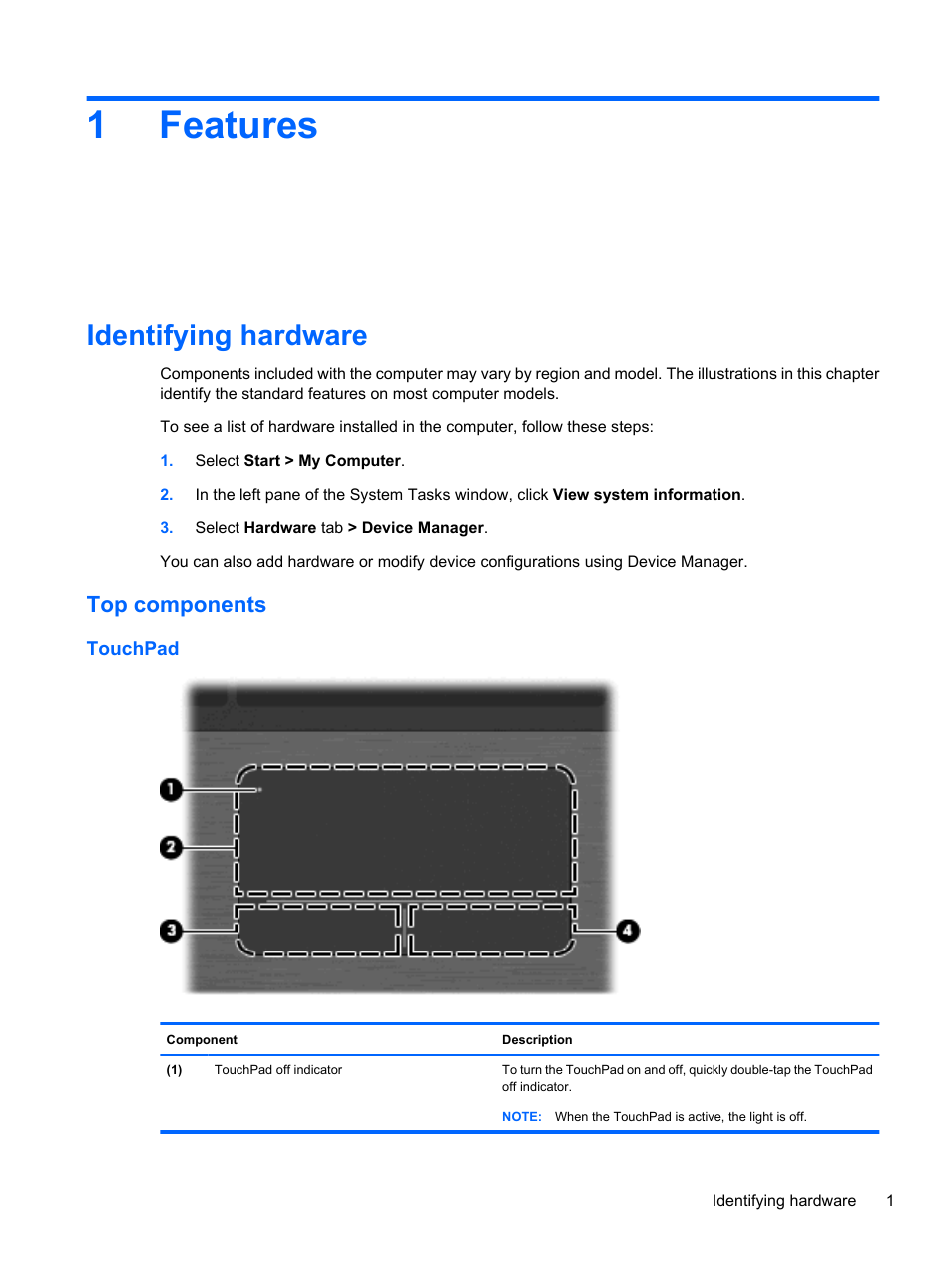 Features, Identifying hardware, Top components | Touchpad, 1 features, 1features | HP ProBook 5220m Notebook PC User Manual | Page 13 / 145