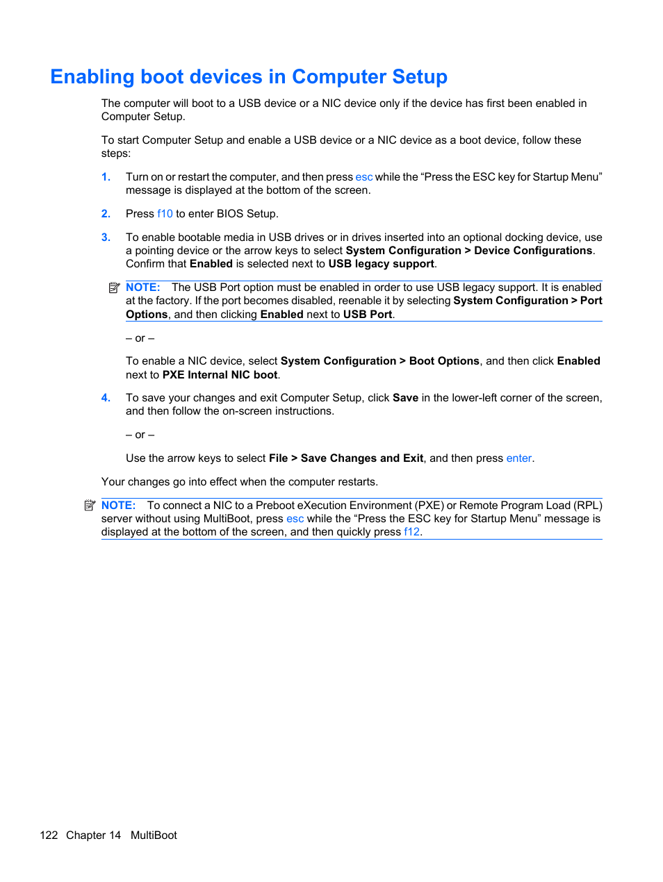 Enabling boot devices in computer setup | HP ProBook 5220m Notebook PC User Manual | Page 134 / 145