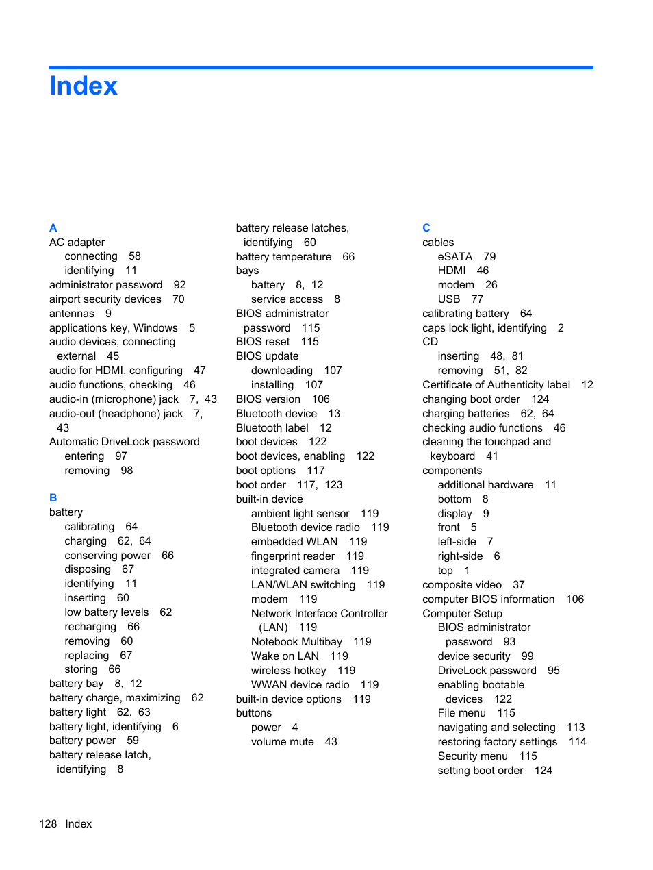 Index | HP ProBook 5220m Notebook PC User Manual | Page 140 / 145