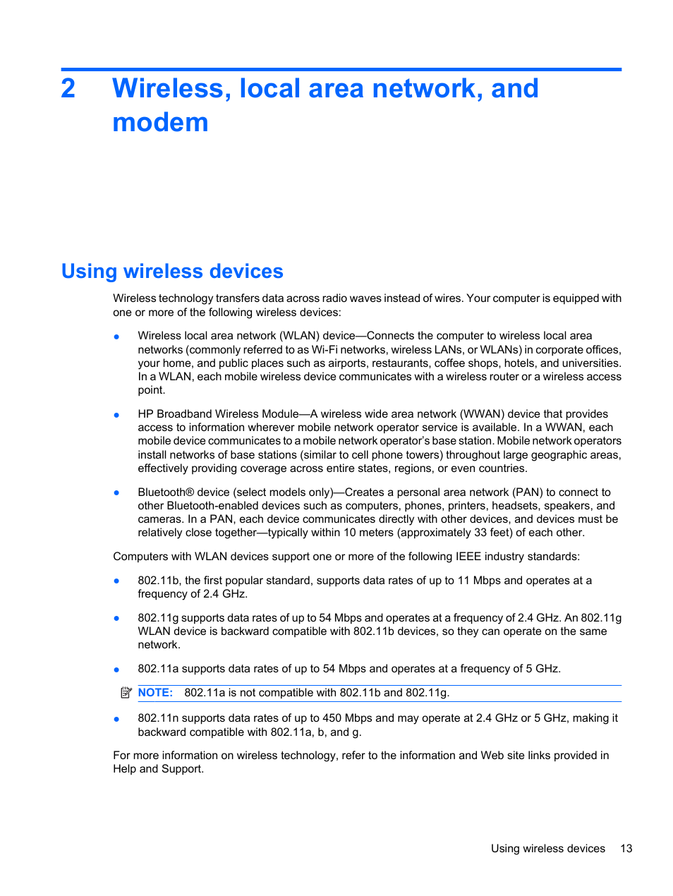 Wireless, local area network, and modem, Using wireless devices, 2 wireless, local area network, and modem | 2wireless, local area network, and modem | HP ProBook 5220m Notebook PC User Manual | Page 25 / 145