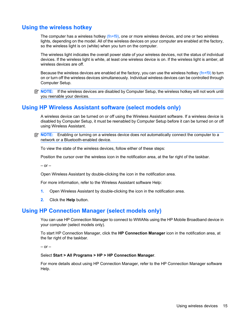 Using the wireless hotkey, Using hp connection manager (select models only) | HP ProBook 5220m Notebook PC User Manual | Page 27 / 145