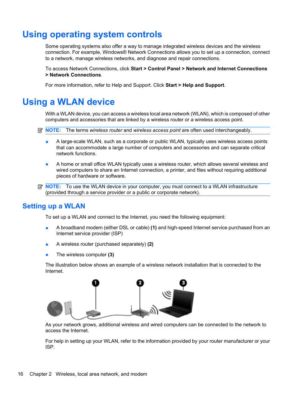 Using operating system controls, Using a wlan device, Setting up a wlan | HP ProBook 5220m Notebook PC User Manual | Page 28 / 145