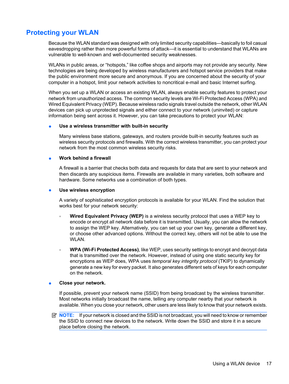 Protecting your wlan | HP ProBook 5220m Notebook PC User Manual | Page 29 / 145