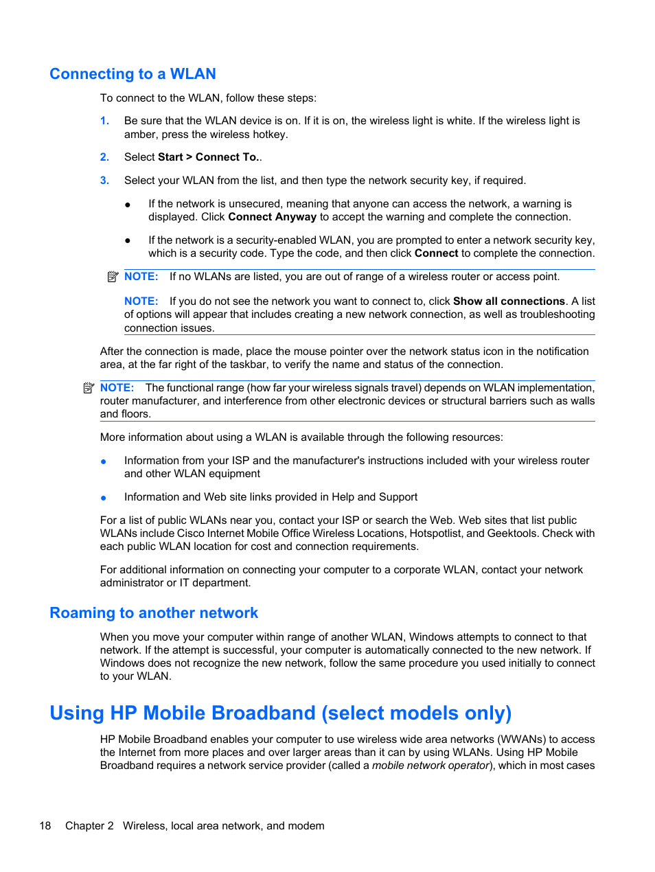 Connecting to a wlan, Roaming to another network, Using hp mobile broadband (select models only) | Connecting to a wlan roaming to another network | HP ProBook 5220m Notebook PC User Manual | Page 30 / 145