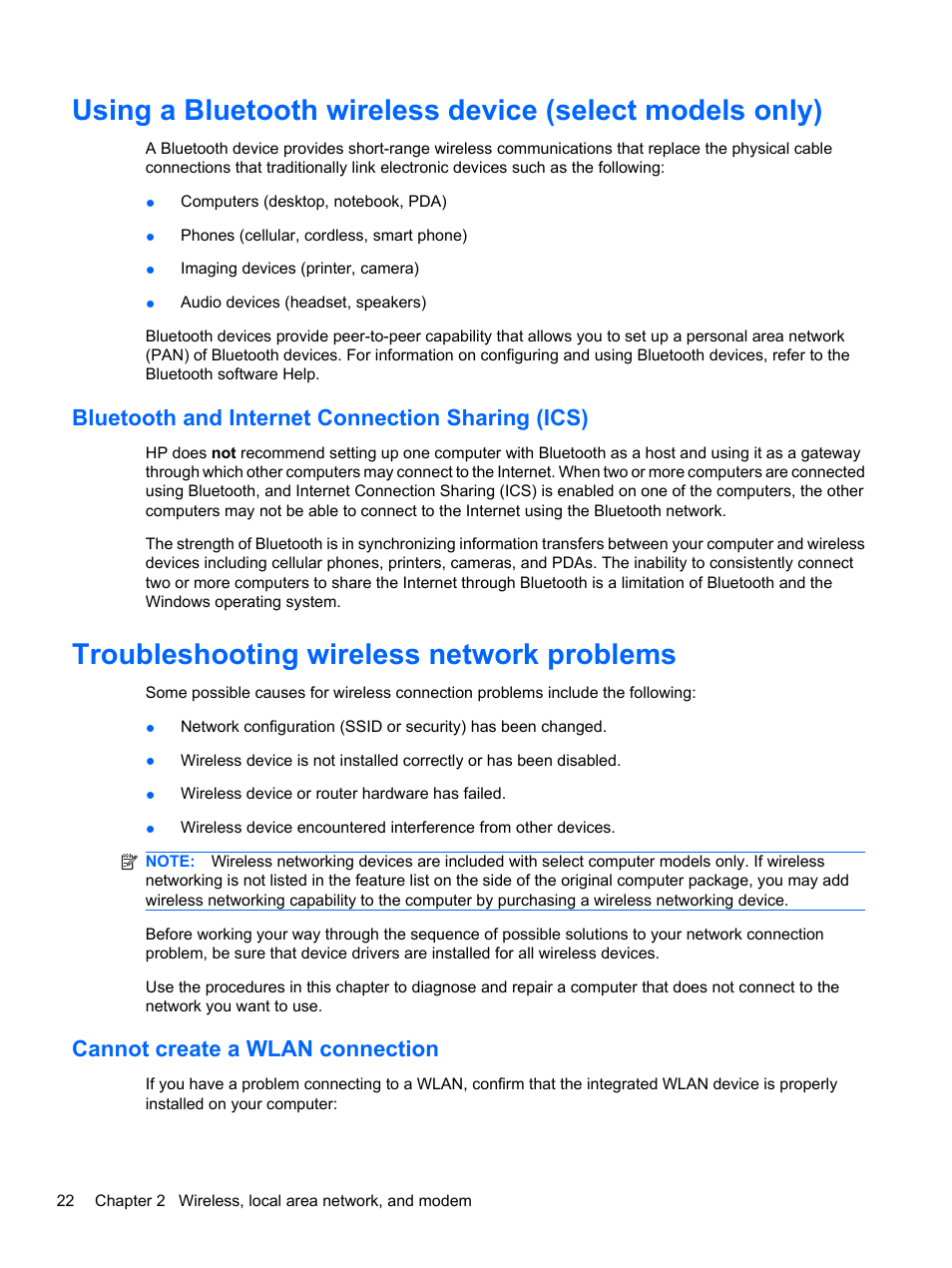 Bluetooth and internet connection sharing (ics), Troubleshooting wireless network problems, Cannot create a wlan connection | HP ProBook 5220m Notebook PC User Manual | Page 34 / 145