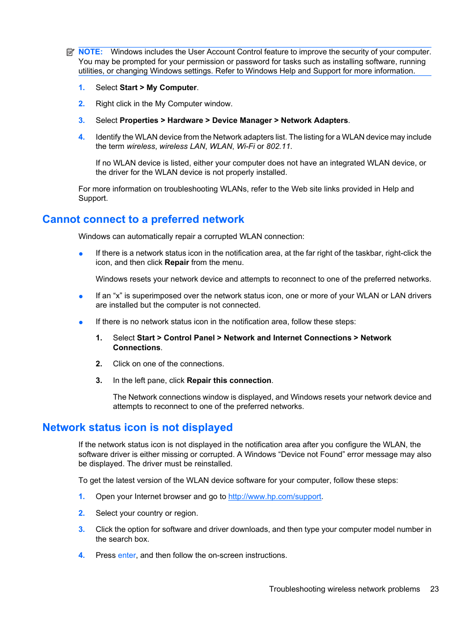Cannot connect to a preferred network, Network status icon is not displayed | HP ProBook 5220m Notebook PC User Manual | Page 35 / 145