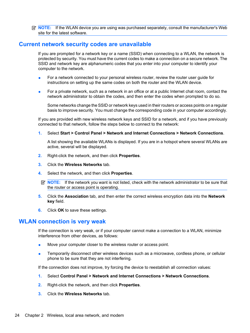 Current network security codes are unavailable, Wlan connection is very weak | HP ProBook 5220m Notebook PC User Manual | Page 36 / 145