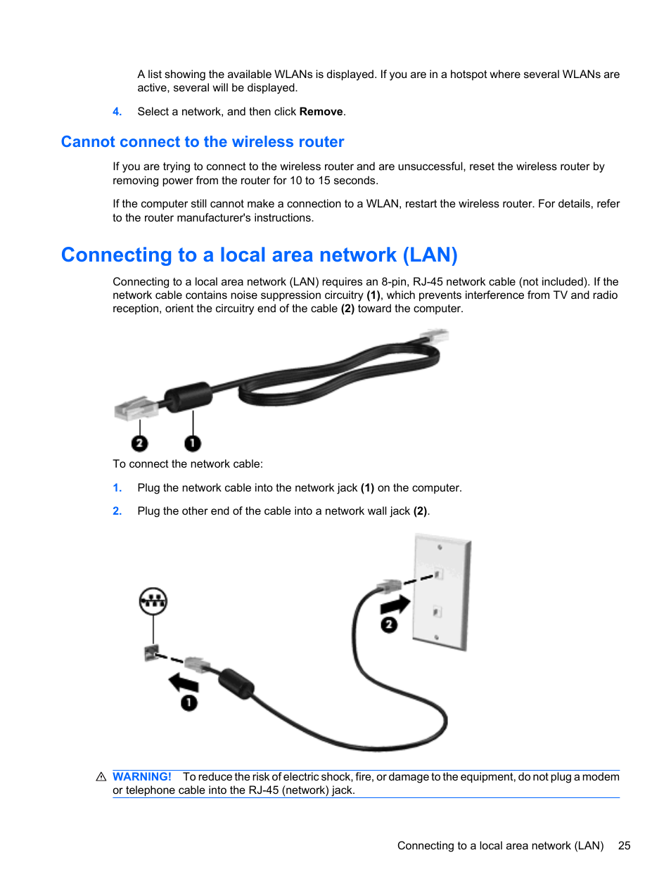 Cannot connect to the wireless router, Connecting to a local area network (lan) | HP ProBook 5220m Notebook PC User Manual | Page 37 / 145