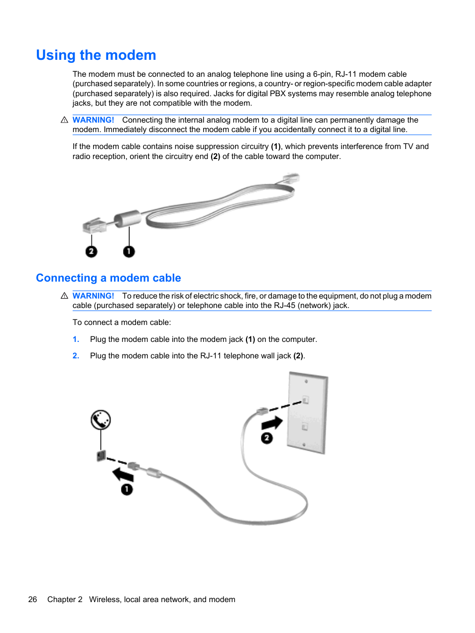 Using the modem, Connecting a modem cable | HP ProBook 5220m Notebook PC User Manual | Page 38 / 145