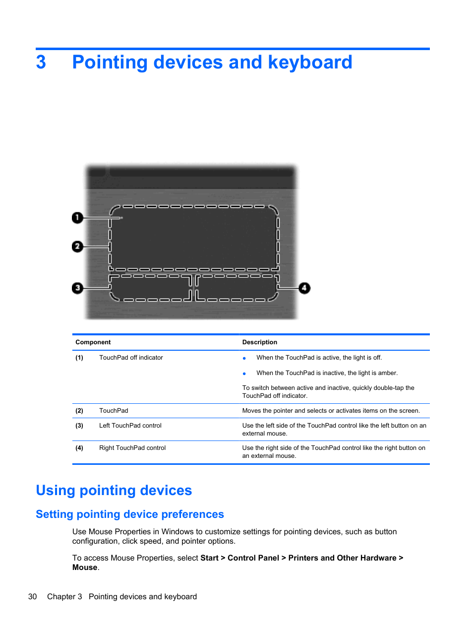 Pointing devices and keyboard, Using pointing devices, Setting pointing device preferences | 3 pointing devices and keyboard, 3pointing devices and keyboard | HP ProBook 5220m Notebook PC User Manual | Page 42 / 145