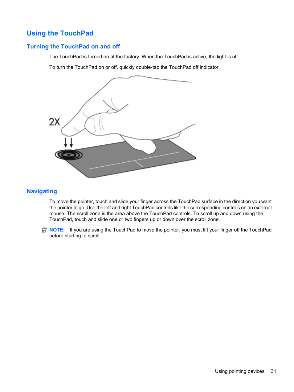 Using the touchpad, Turning the touchpad on and off, Navigating | Turning the touchpad on and off navigating | HP ProBook 5220m Notebook PC User Manual | Page 43 / 145