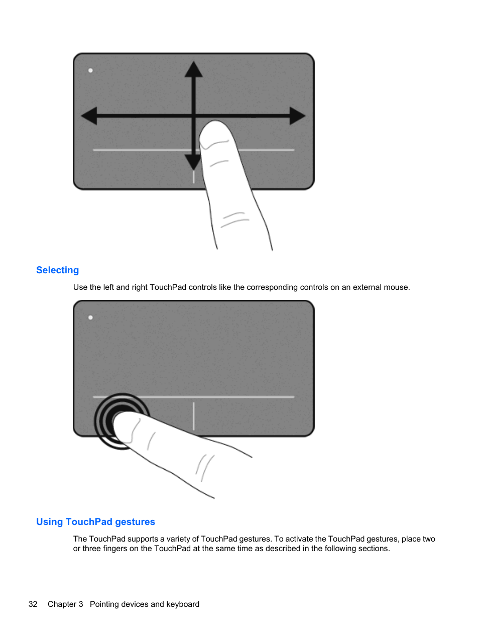 Selecting, Using touchpad gestures, Selecting using touchpad gestures | HP ProBook 5220m Notebook PC User Manual | Page 44 / 145