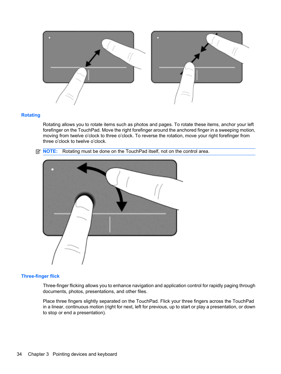 Rotating, Three-finger flick, Rotating three-finger flick | HP ProBook 5220m Notebook PC User Manual | Page 46 / 145