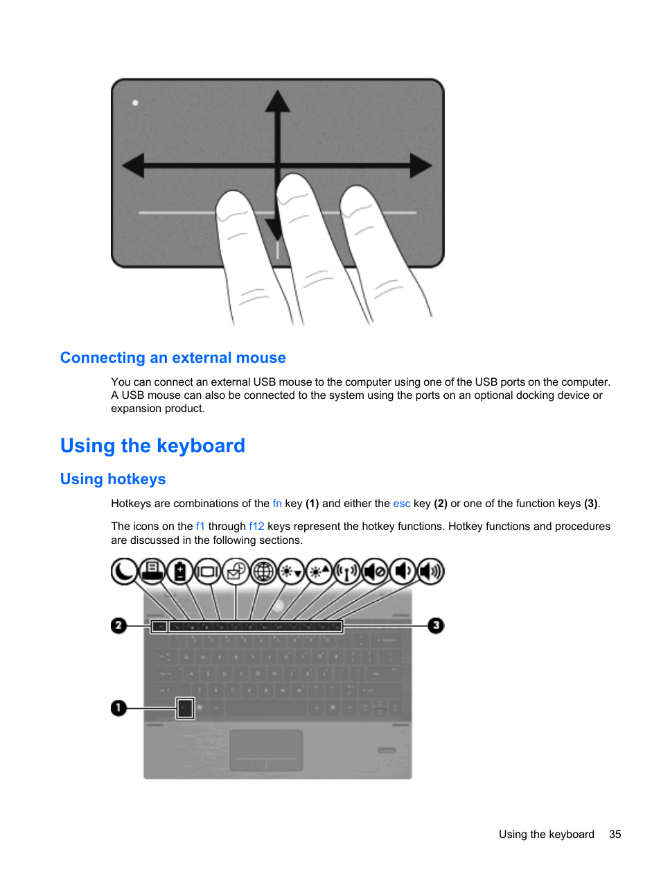 Connecting an external mouse, Using the keyboard, Using hotkeys | HP ProBook 5220m Notebook PC User Manual | Page 47 / 145