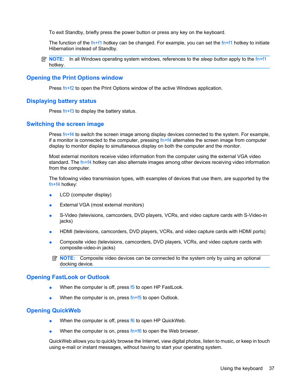 Opening the print options window, Displaying battery status, Switching the screen image | Opening fastlook or outlook, Opening quickweb | HP ProBook 5220m Notebook PC User Manual | Page 49 / 145