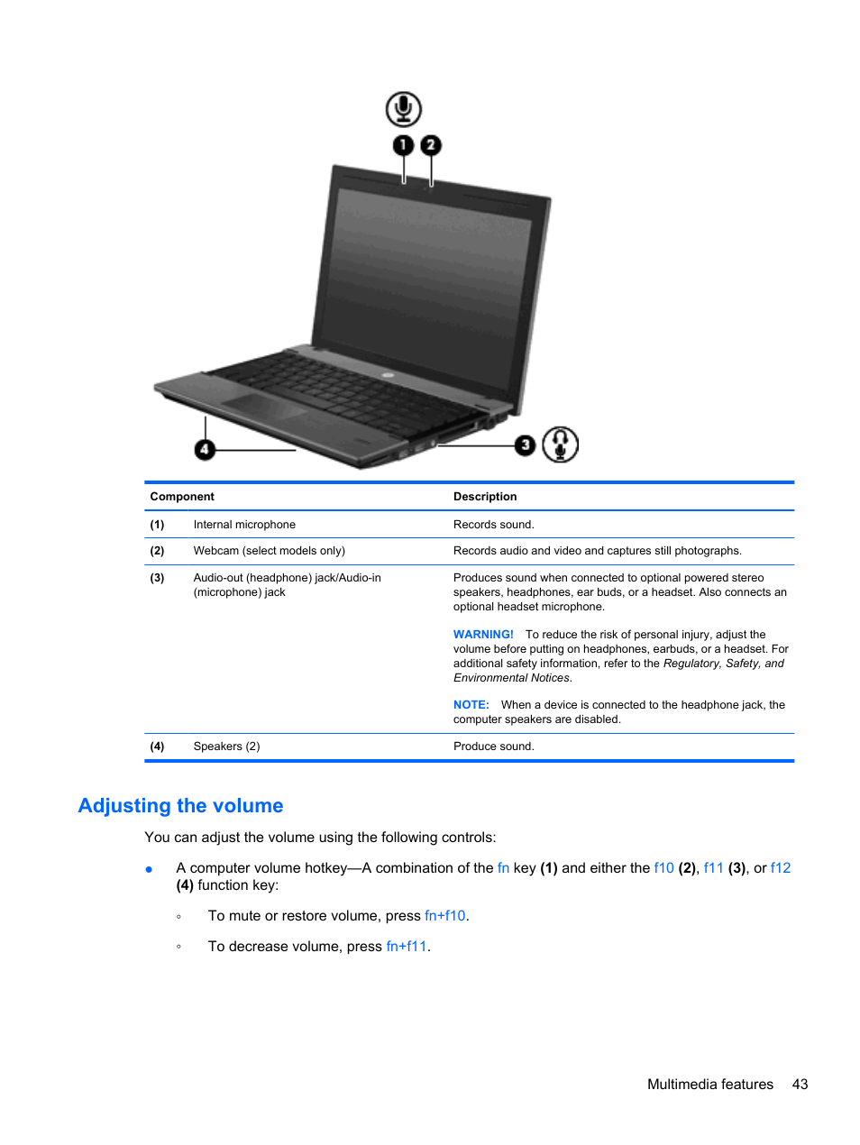 Adjusting the volume | HP ProBook 5220m Notebook PC User Manual | Page 55 / 145