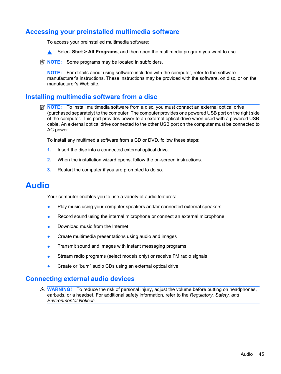 Accessing your preinstalled multimedia software, Installing multimedia software from a disc, Audio | Connecting external audio devices | HP ProBook 5220m Notebook PC User Manual | Page 57 / 145